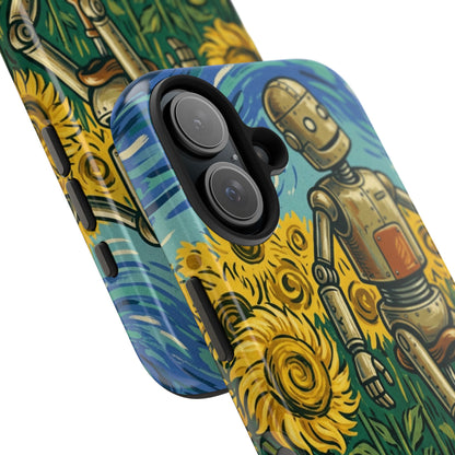 Robot on Unicycle Tough Phone Case — Sunflower Field Vintage Art Protective Cover