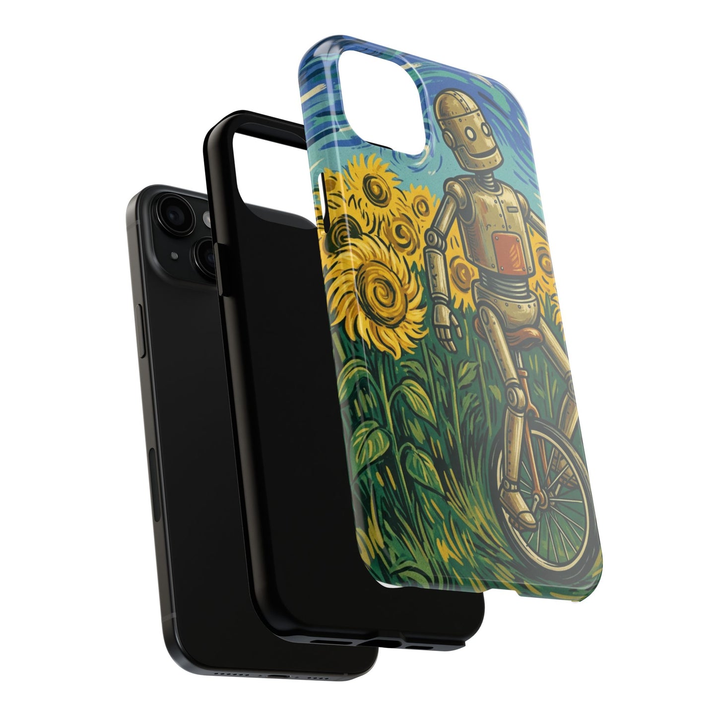 Robot on Unicycle Tough Phone Case — Sunflower Field Vintage Art Protective Cover