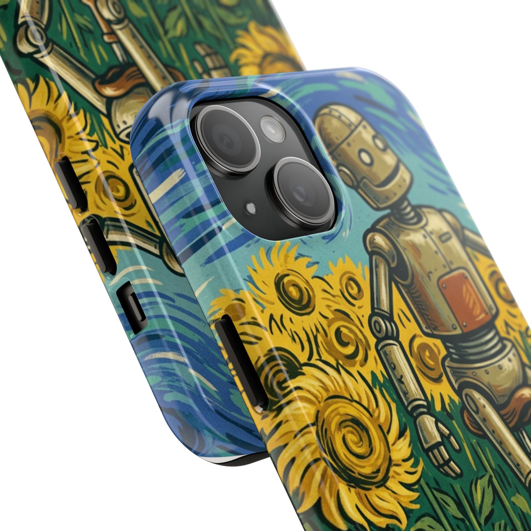 Robot on Unicycle Tough Phone Case — Sunflower Field Vintage Art Protective Cover