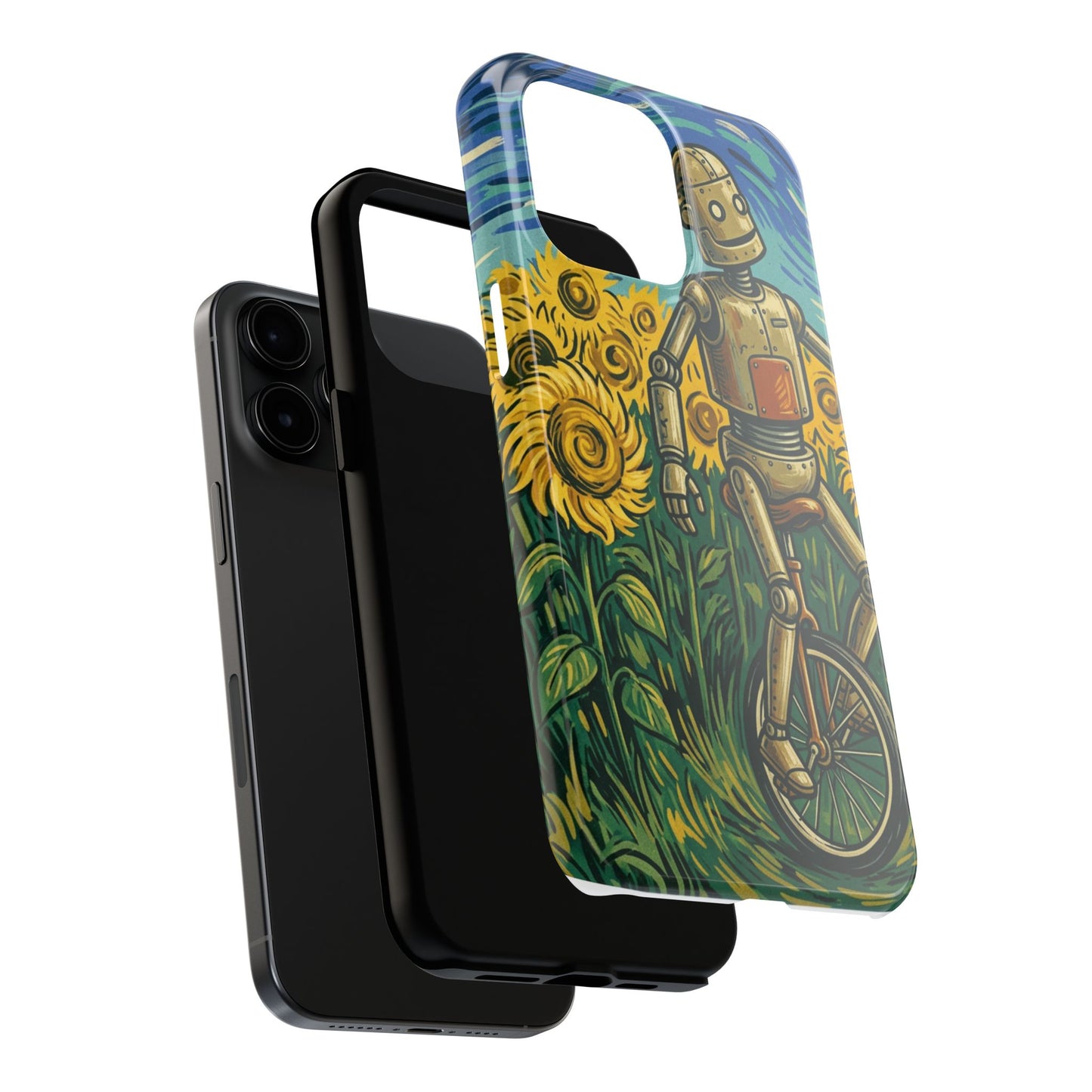 Robot on Unicycle Tough Phone Case — Sunflower Field Vintage Art Protective Cover