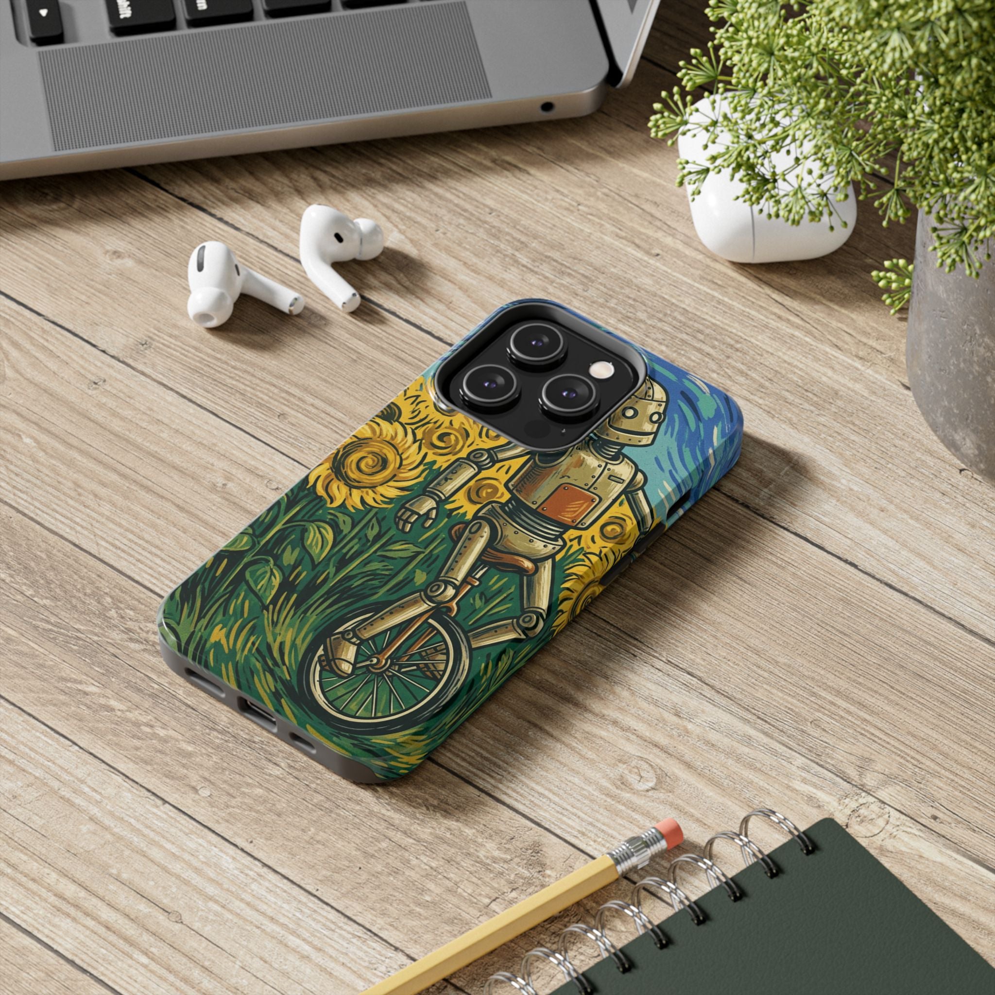 Robot on Unicycle Tough Phone Case — Sunflower Field Vintage Art Protective Cover