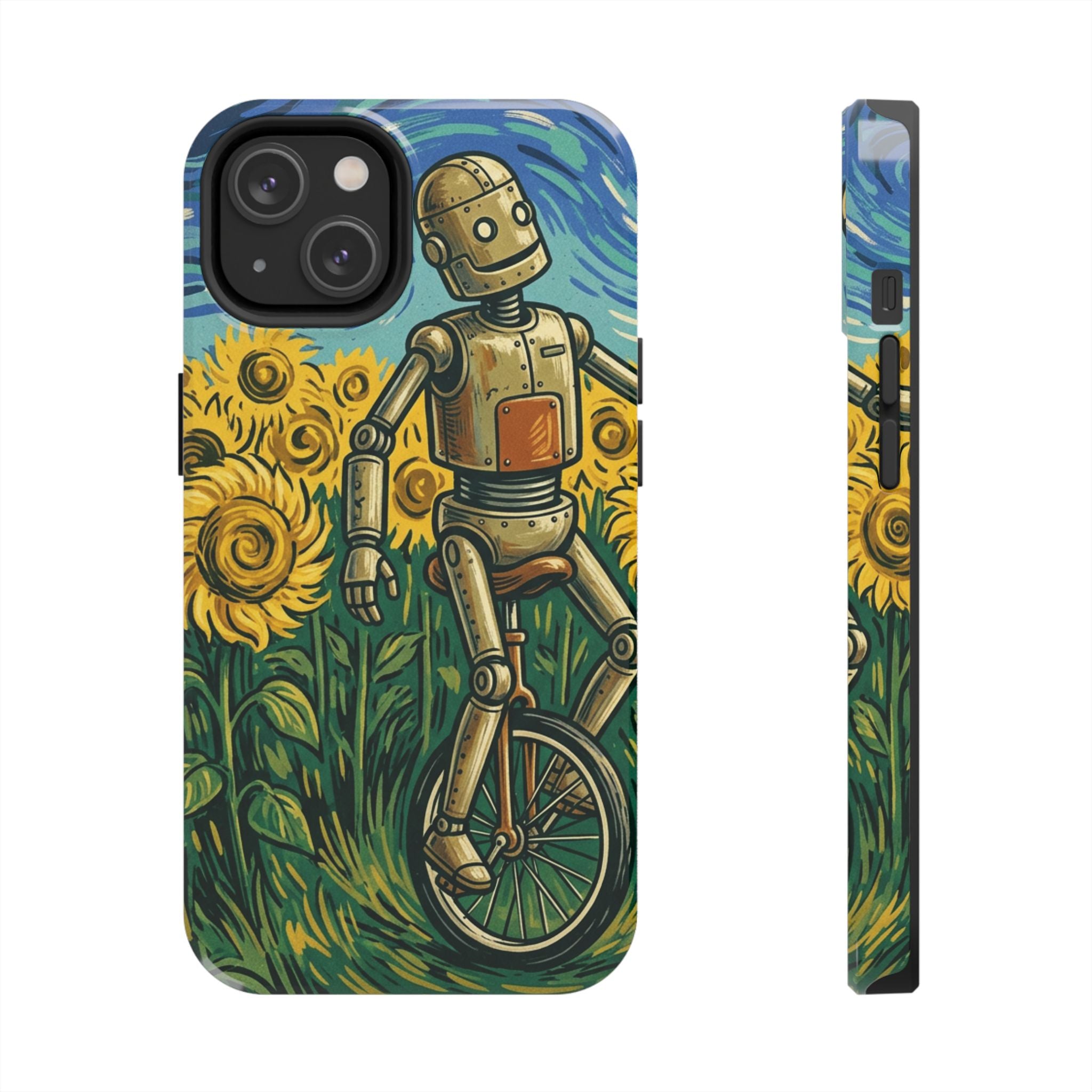 Robot on Unicycle Tough Phone Case — Sunflower Field Vintage Art Protective Cover