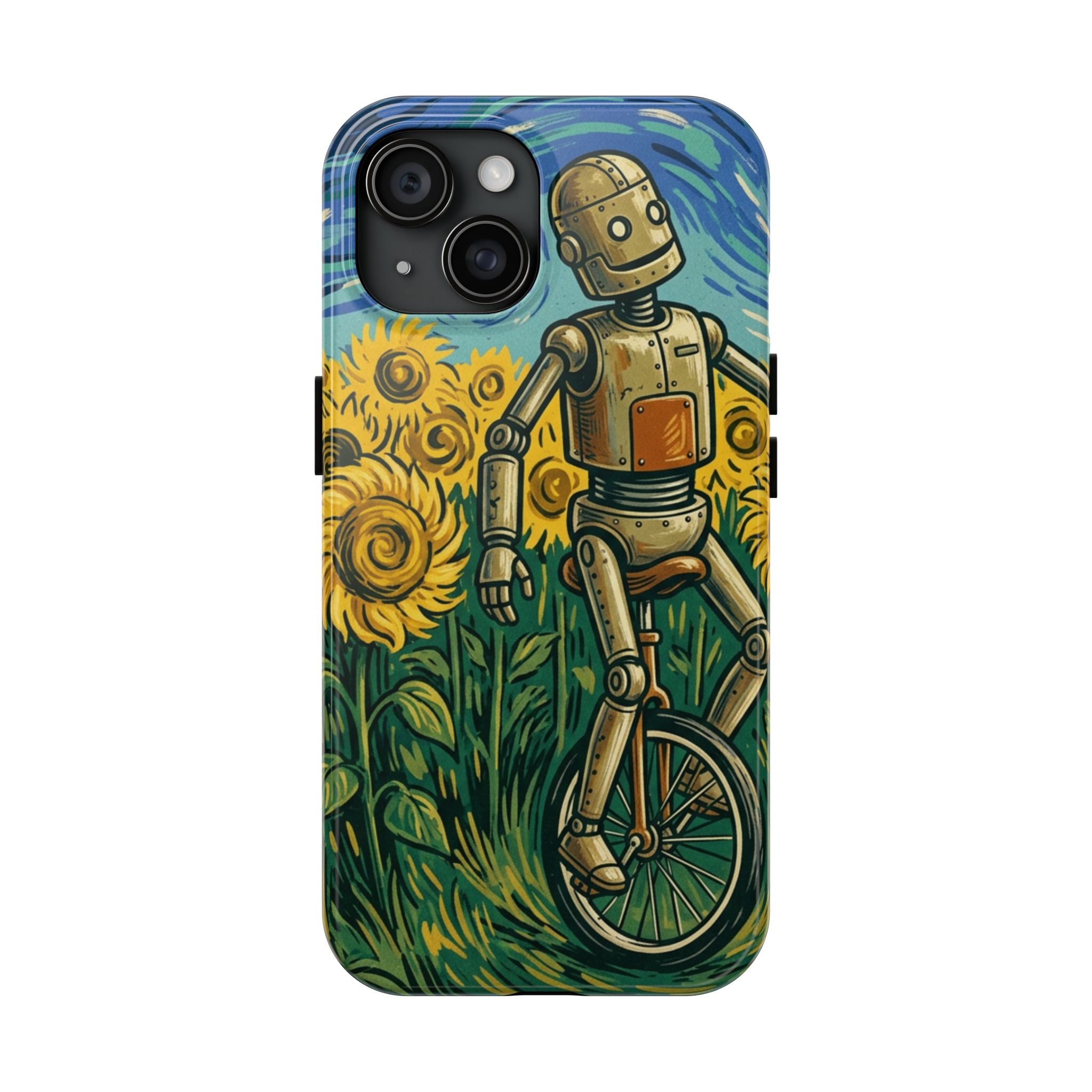Robot on Unicycle Tough Phone Case — Sunflower Field Vintage Art Protective Cover