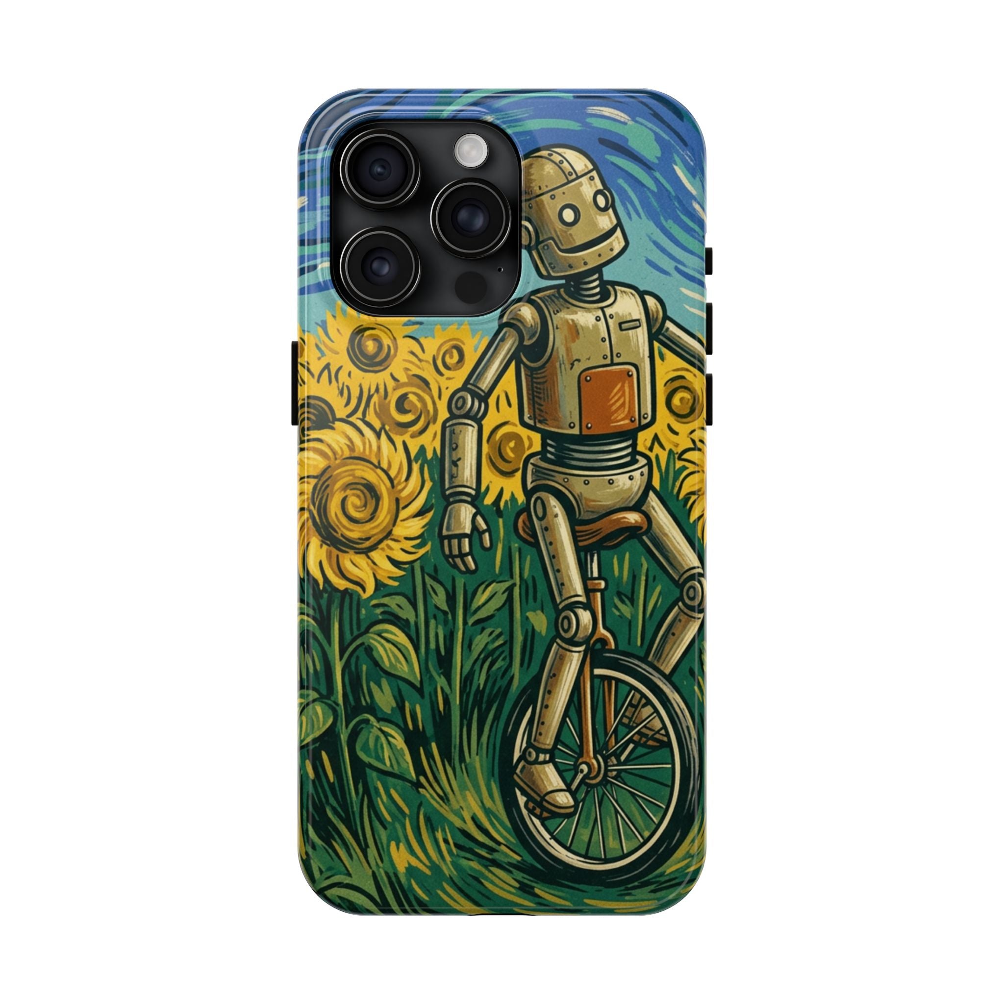 Robot on Unicycle Tough Phone Case — Sunflower Field Vintage Art Protective Cover