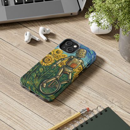 Robot on Unicycle Tough Phone Case — Sunflower Field Vintage Art Protective Cover