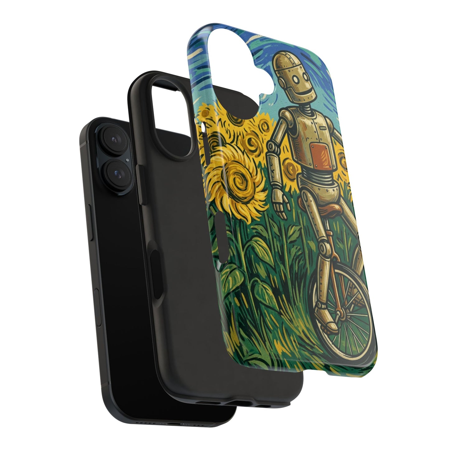 Robot on Unicycle Tough Phone Case — Sunflower Field Vintage Art Protective Cover