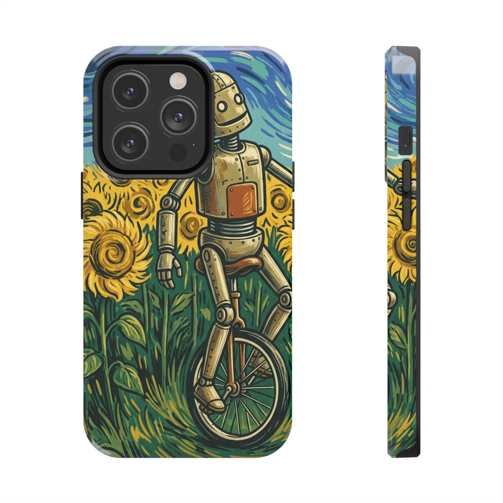 Robot on Unicycle Tough Phone Case — Sunflower Field Vintage Art Protective Cover