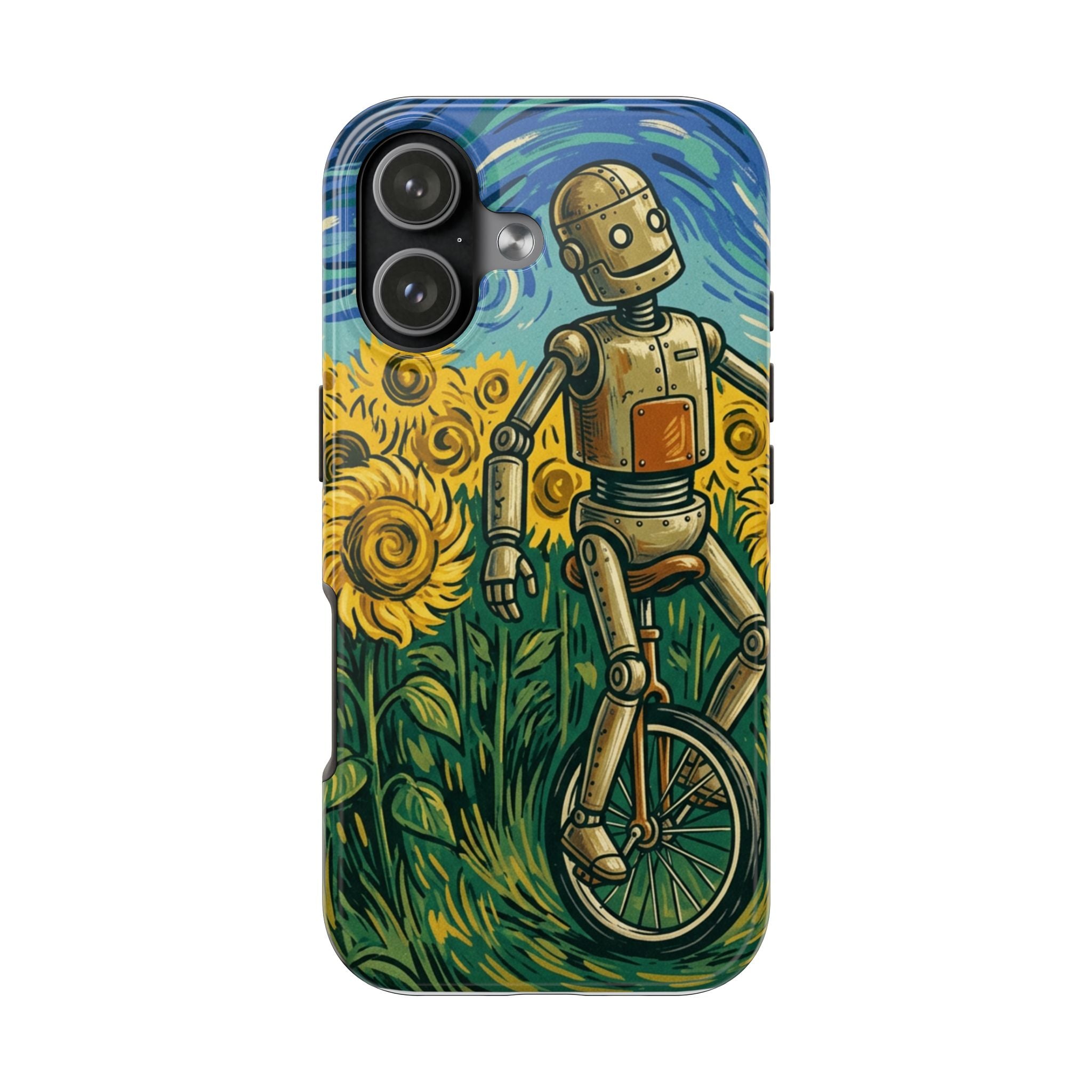 Robot on Unicycle Tough Phone Case — Sunflower Field Vintage Art Protective Cover