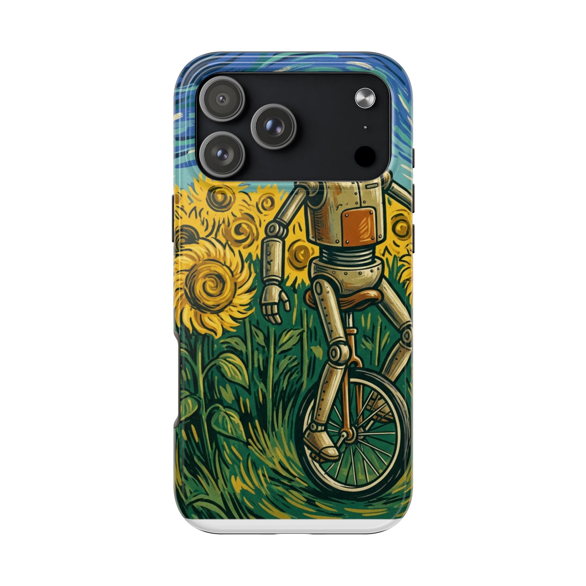 Robot on Unicycle Tough Phone Case — Sunflower Field Vintage Art Protective Cover