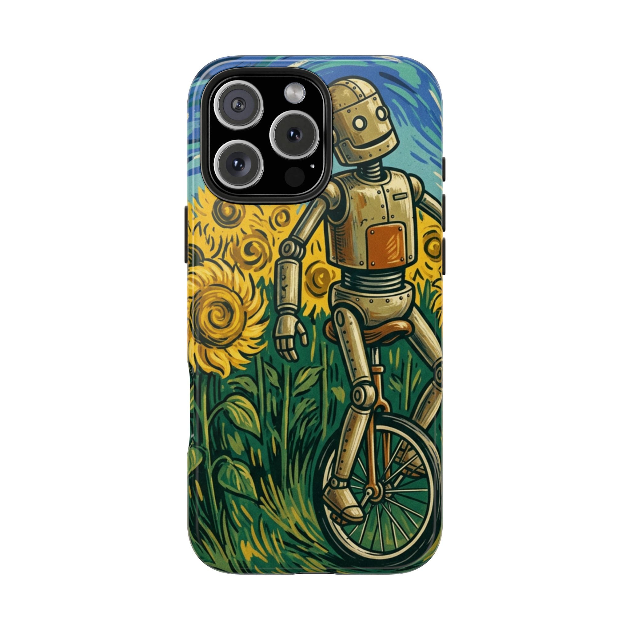 Robot on Unicycle Tough Phone Case — Sunflower Field Vintage Art Protective Cover