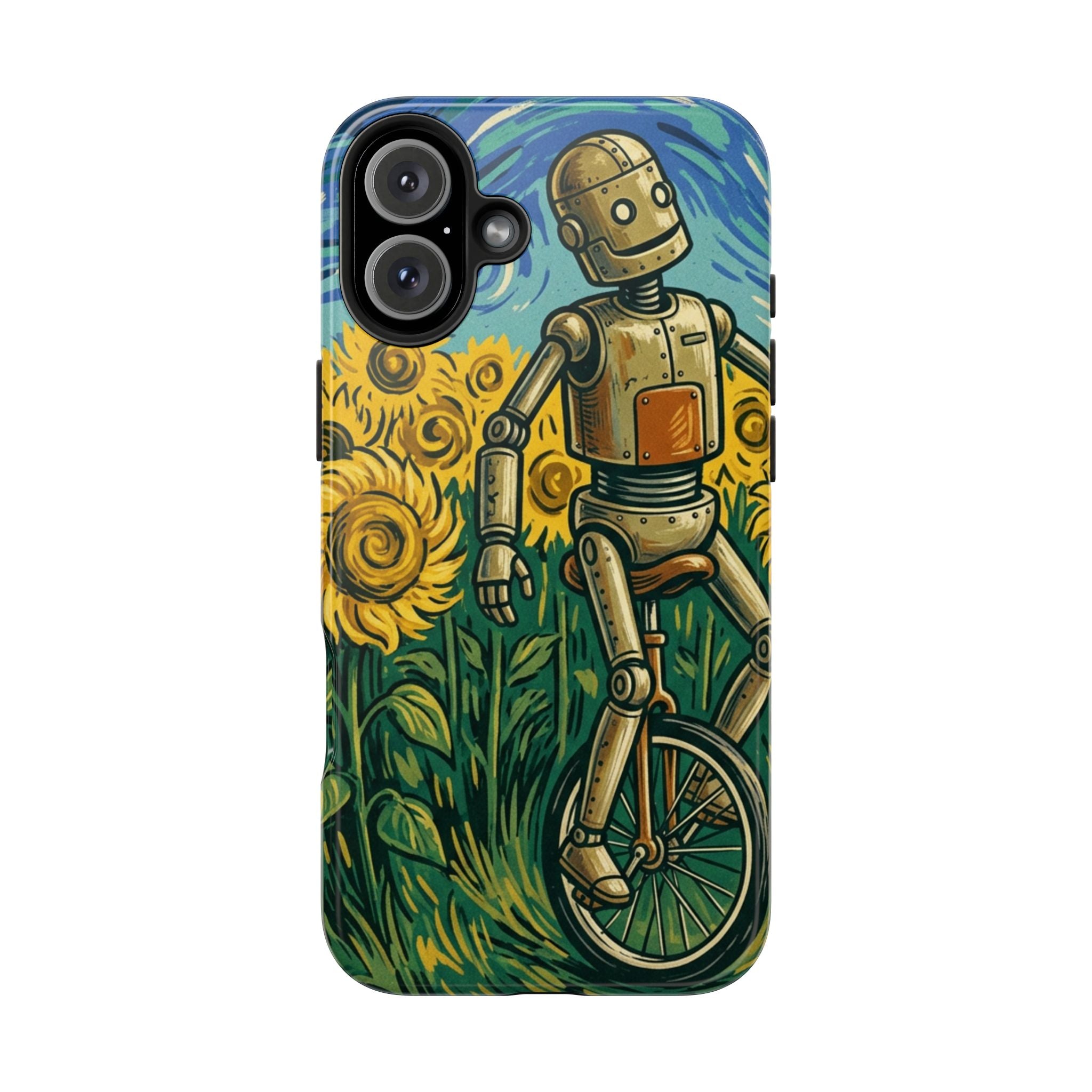 Robot on Unicycle Tough Phone Case — Sunflower Field Vintage Art Protective Cover
