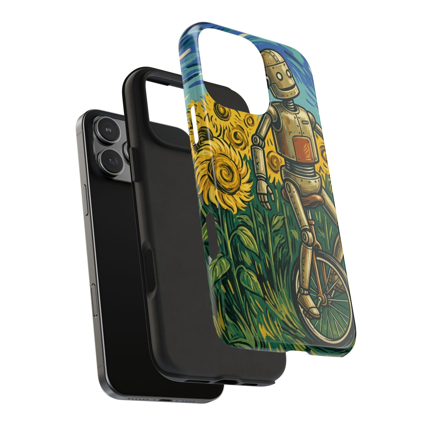 Robot on Unicycle Tough Phone Case — Sunflower Field Vintage Art Protective Cover