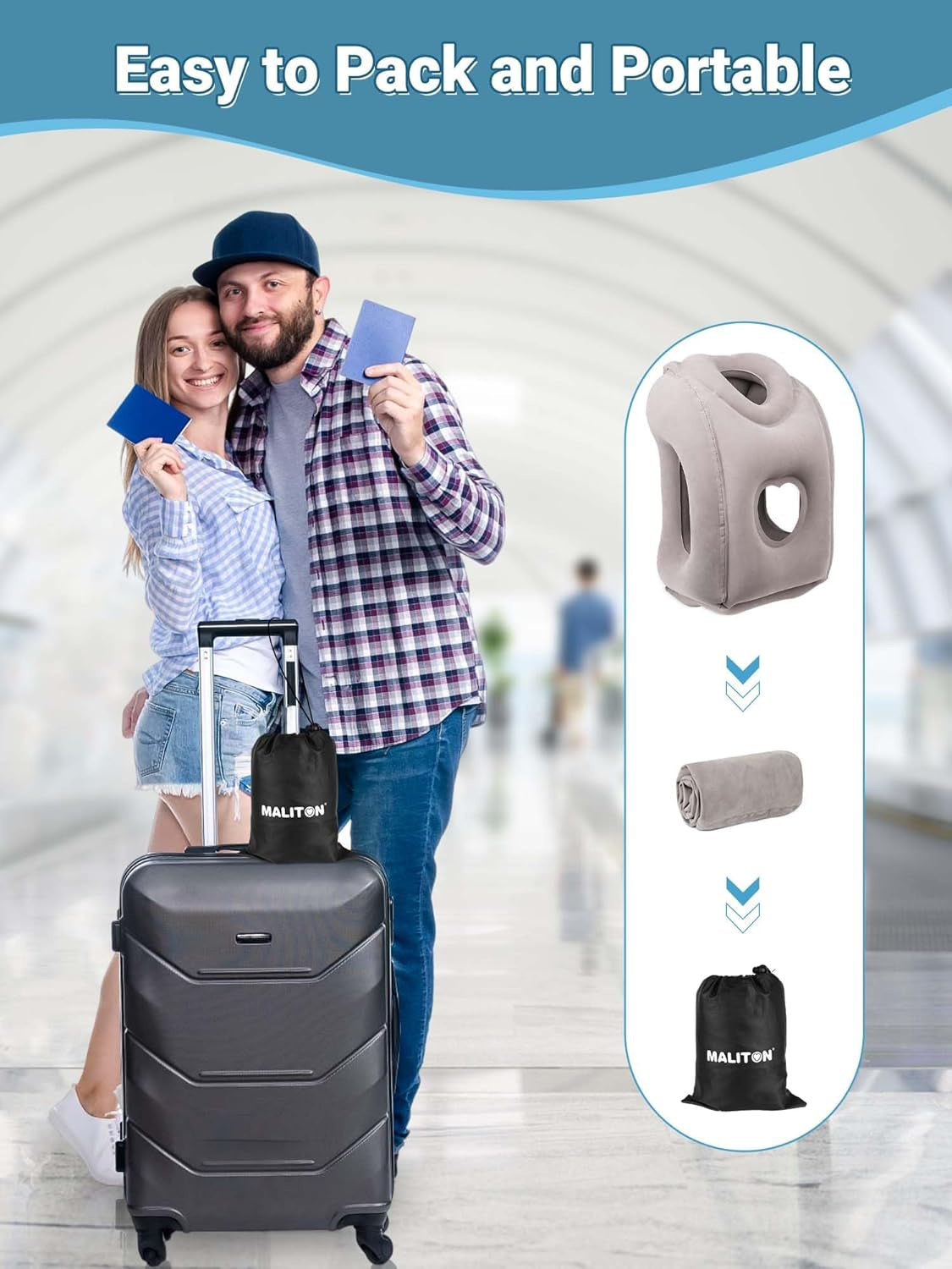 Inflatable Travel Pillow for Airplane Comfortable Sleeping to Relieve Neck and Shoulder Pain, Support Head Inflatable Pillow for Long Flights, Used for Airplanes, Cars, Trains, Office (Grey)