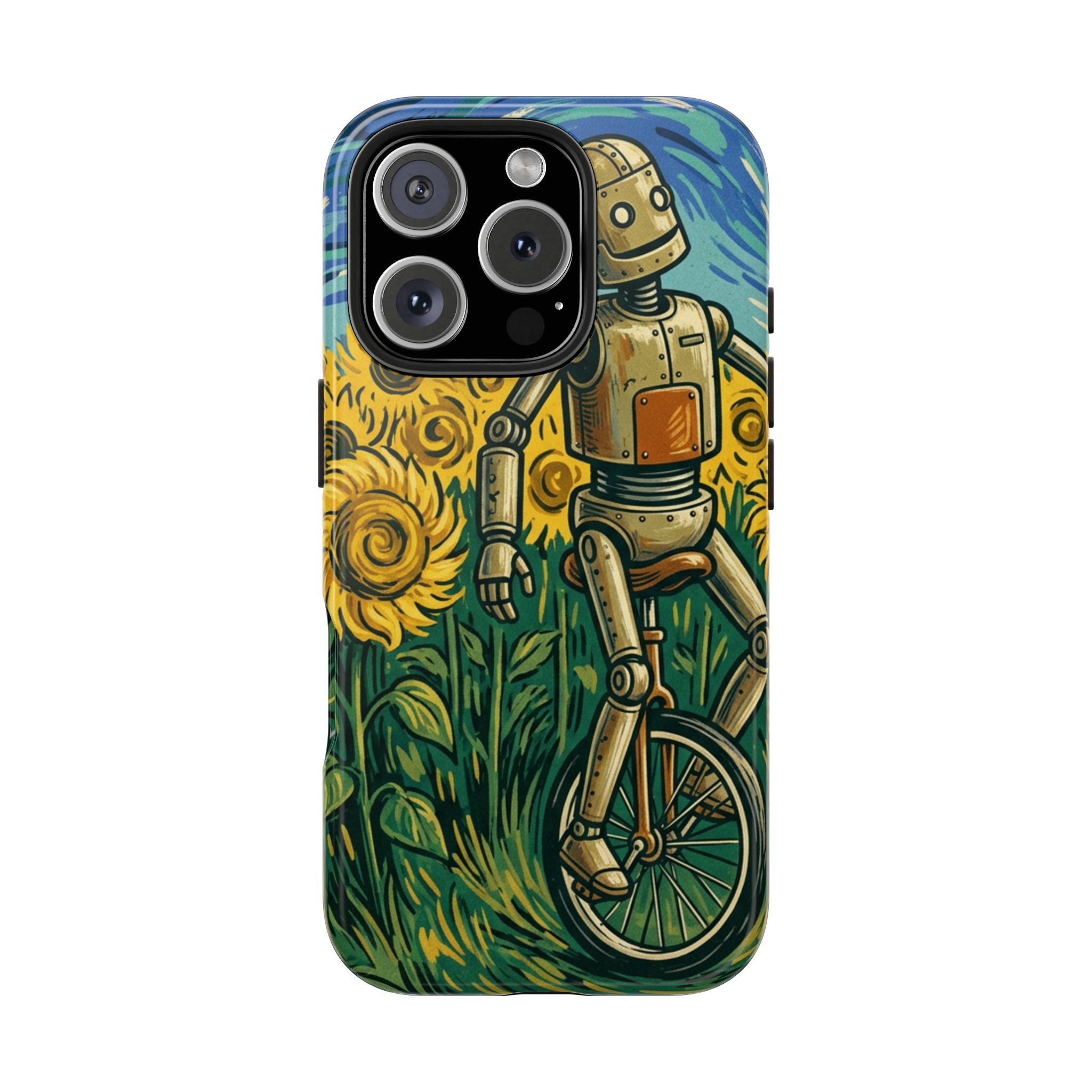 Robot on Unicycle Tough Phone Case — Sunflower Field Vintage Art Protective Cover