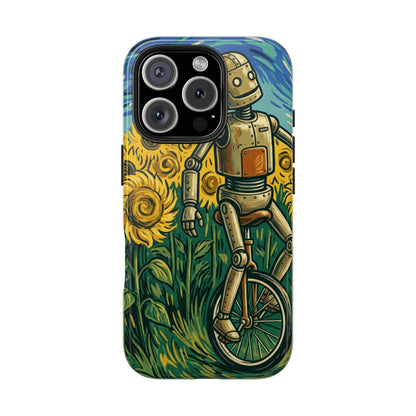 Robot on Unicycle Tough Phone Case — Sunflower Field Vintage Art Protective Cover