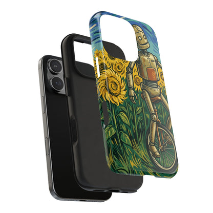 Robot on Unicycle Tough Phone Case — Sunflower Field Vintage Art Protective Cover