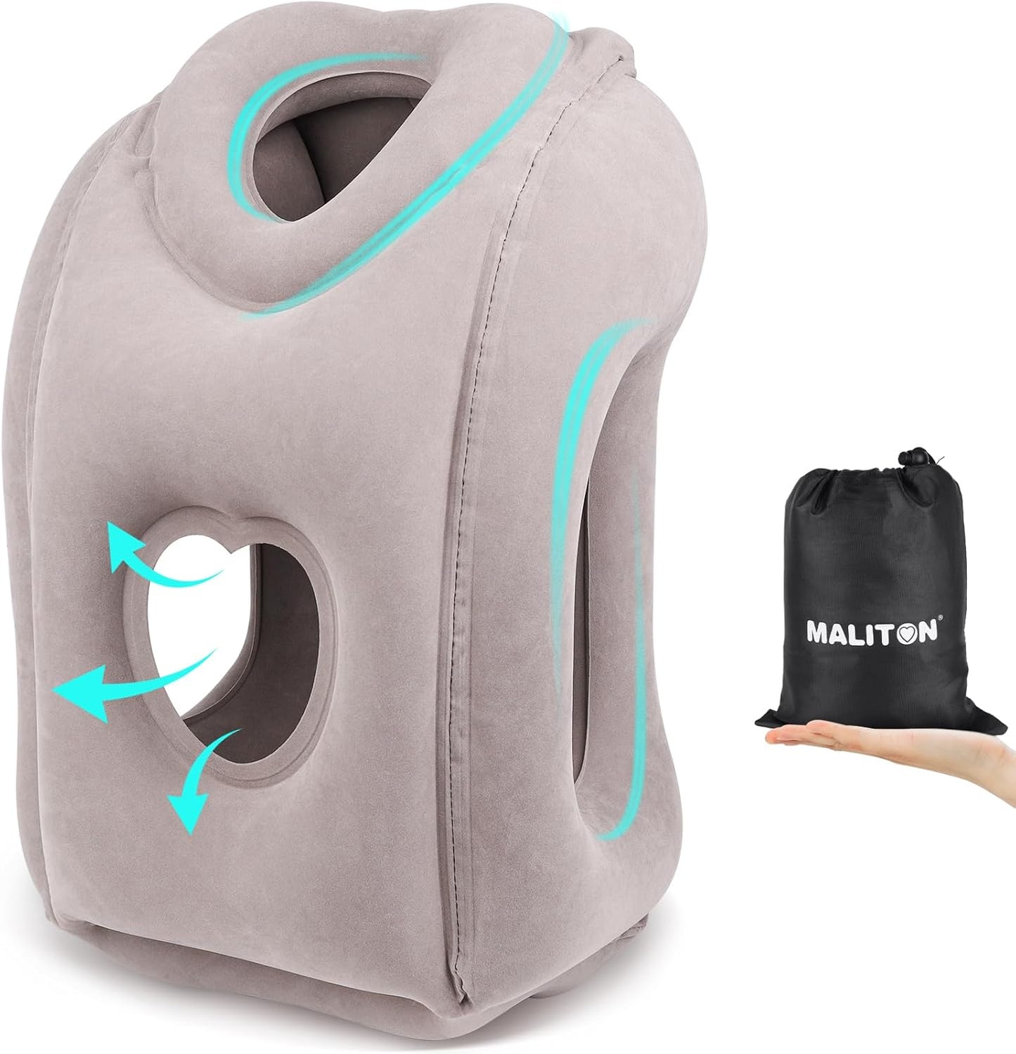 Inflatable Travel Pillow for Airplane Comfortable Sleeping to Relieve Neck and Shoulder Pain, Support Head Inflatable Pillow for Long Flights, Used for Airplanes, Cars, Trains, Office (Grey)