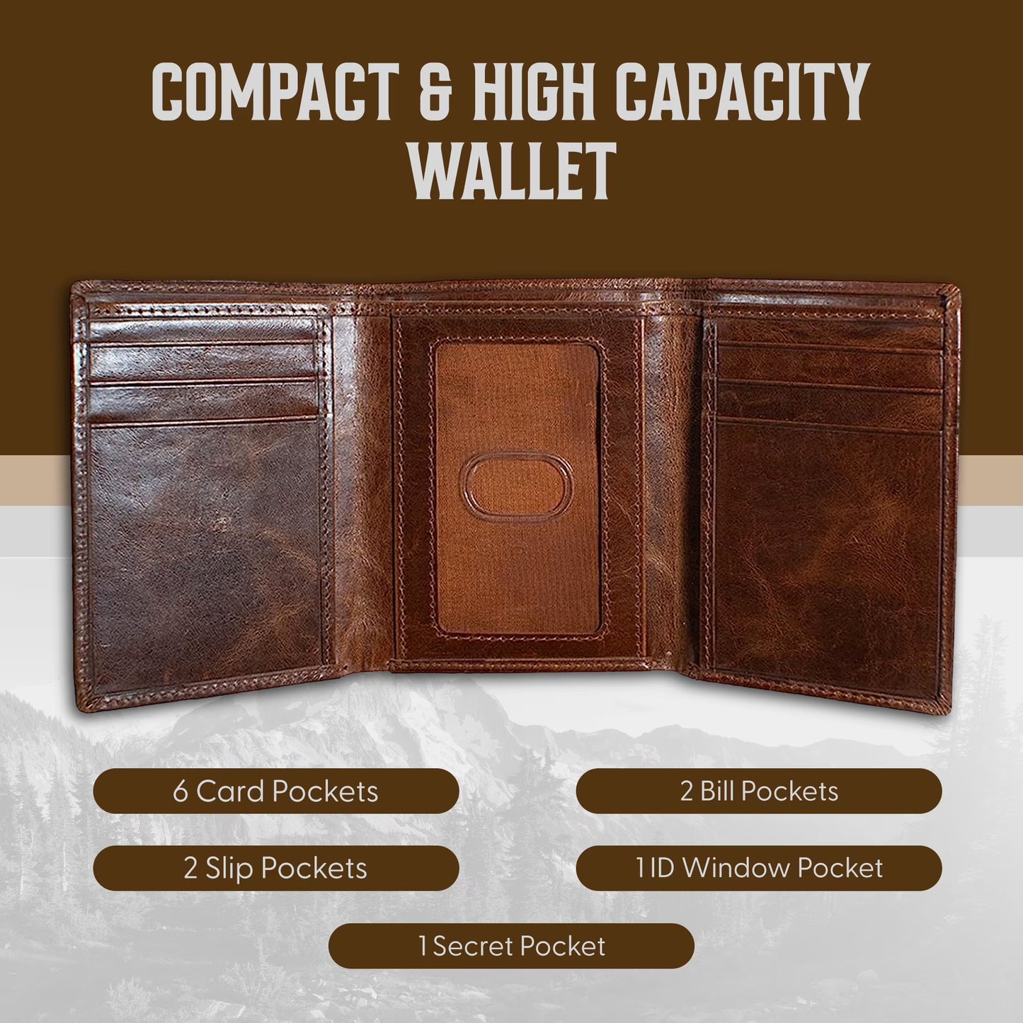 Best Leather Men'S RFID Trifold Wallet with ID Great Outdoor Wallet Forest Brown