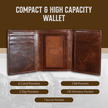 Best Leather Men'S RFID Trifold Wallet with ID Great Outdoor Wallet Forest Brown