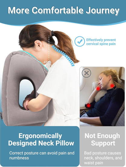 Inflatable Travel Pillow for Airplane Comfortable Sleeping to Relieve Neck and Shoulder Pain, Support Head Inflatable Pillow for Long Flights, Used for Airplanes, Cars, Trains, Office (Grey)