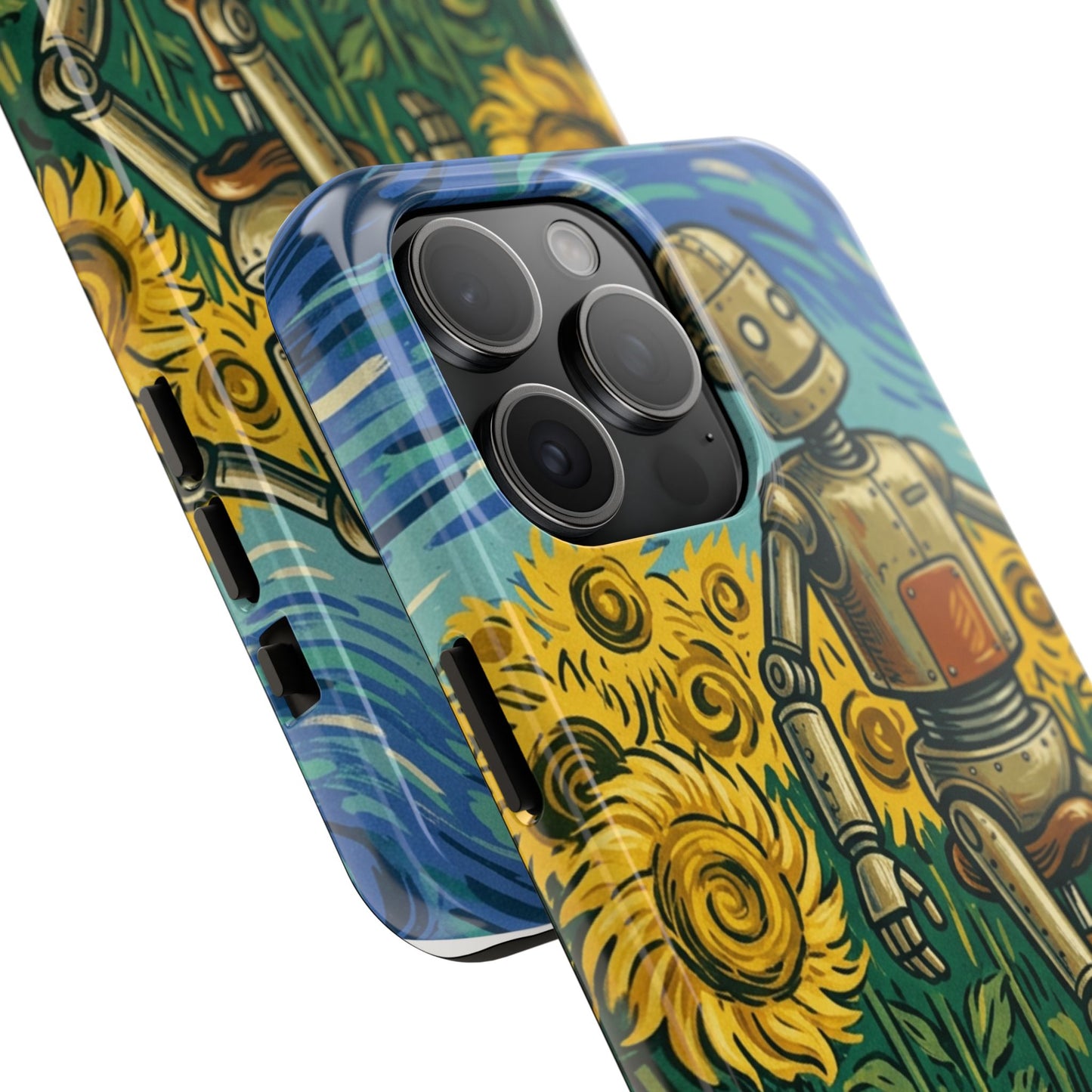 Robot on Unicycle Tough Phone Case — Sunflower Field Vintage Art Protective Cover