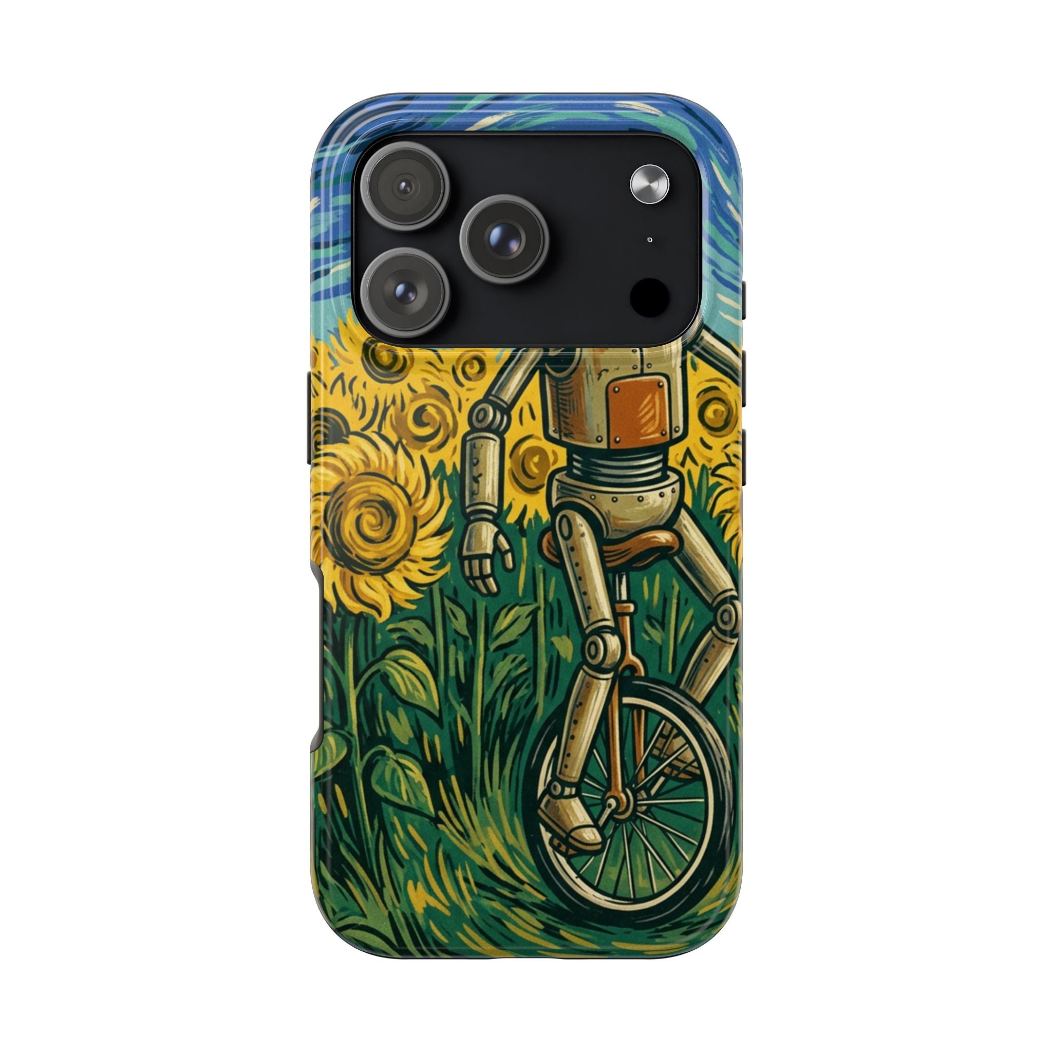 Robot on Unicycle Tough Phone Case — Sunflower Field Vintage Art Protective Cover