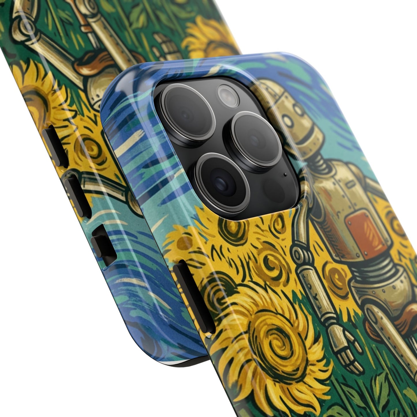 Robot on Unicycle Tough Phone Case — Sunflower Field Vintage Art Protective Cover