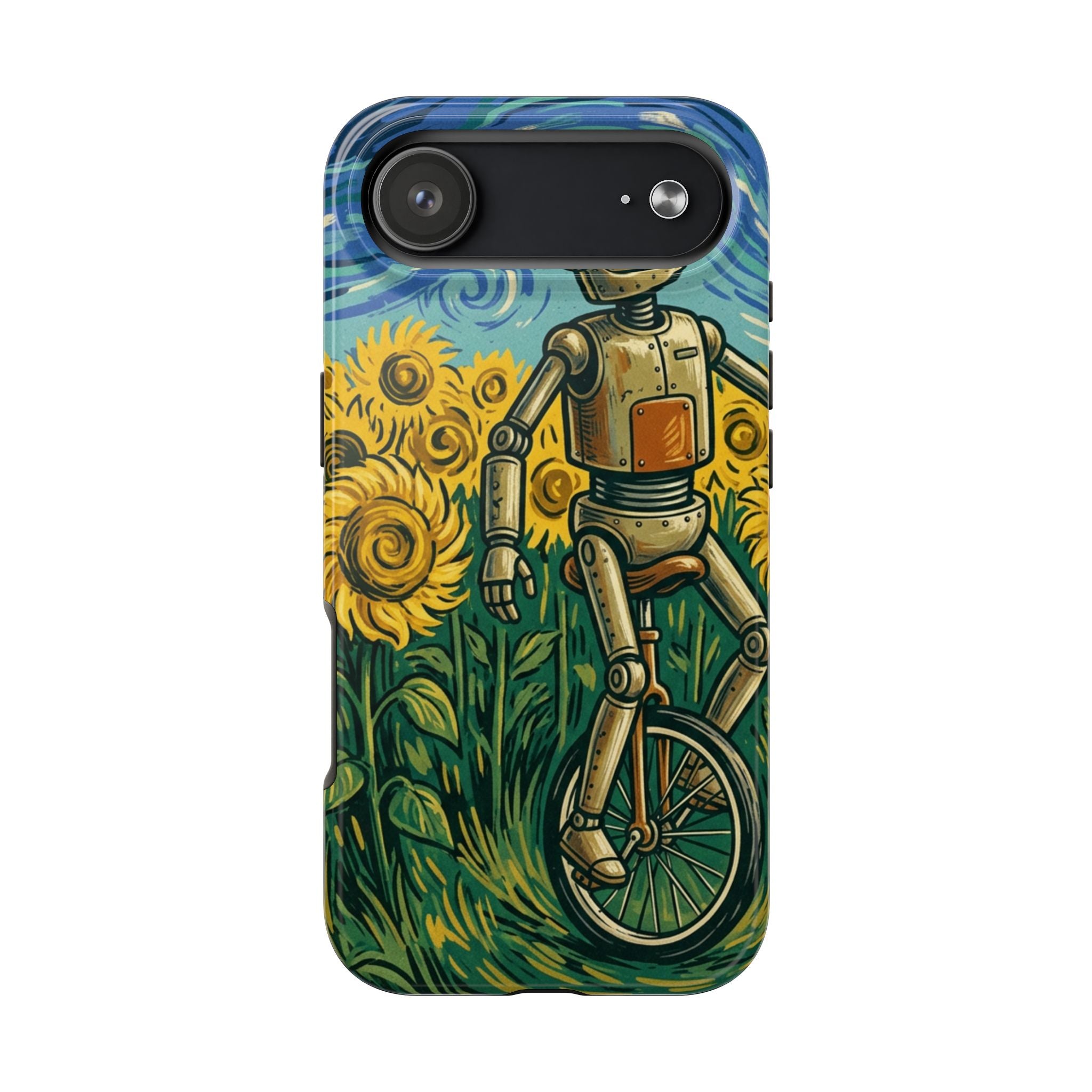 Robot on Unicycle Tough Phone Case — Sunflower Field Vintage Art Protective Cover