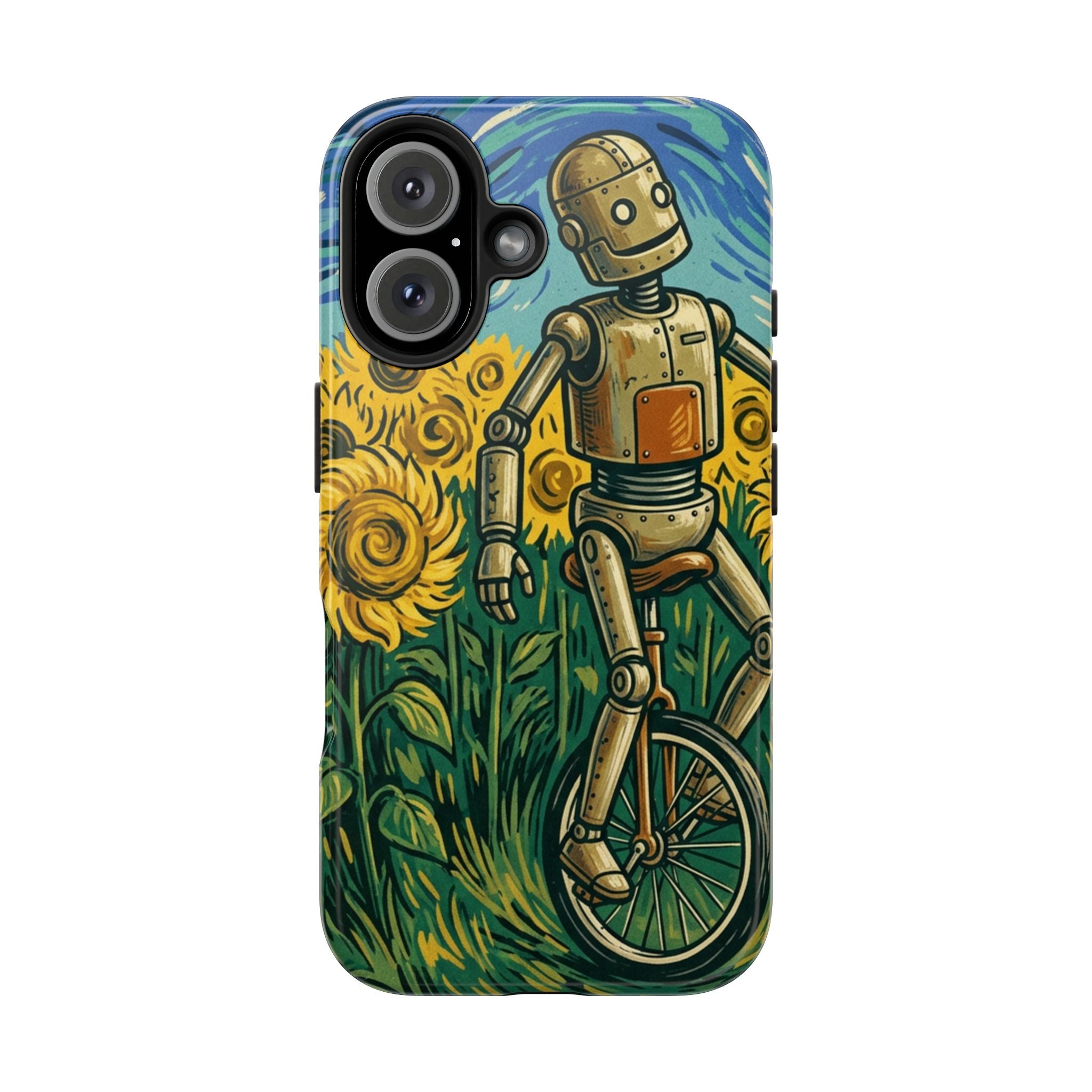 Robot on Unicycle Tough Phone Case — Sunflower Field Vintage Art Protective Cover