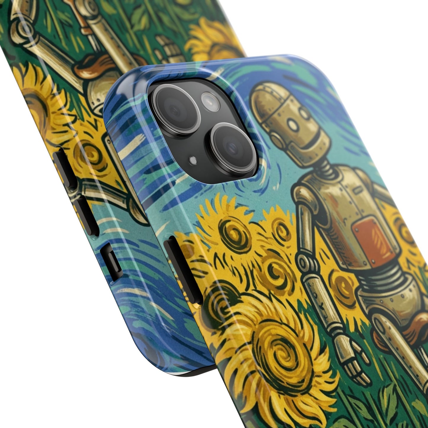 Robot on Unicycle Tough Phone Case — Sunflower Field Vintage Art Protective Cover