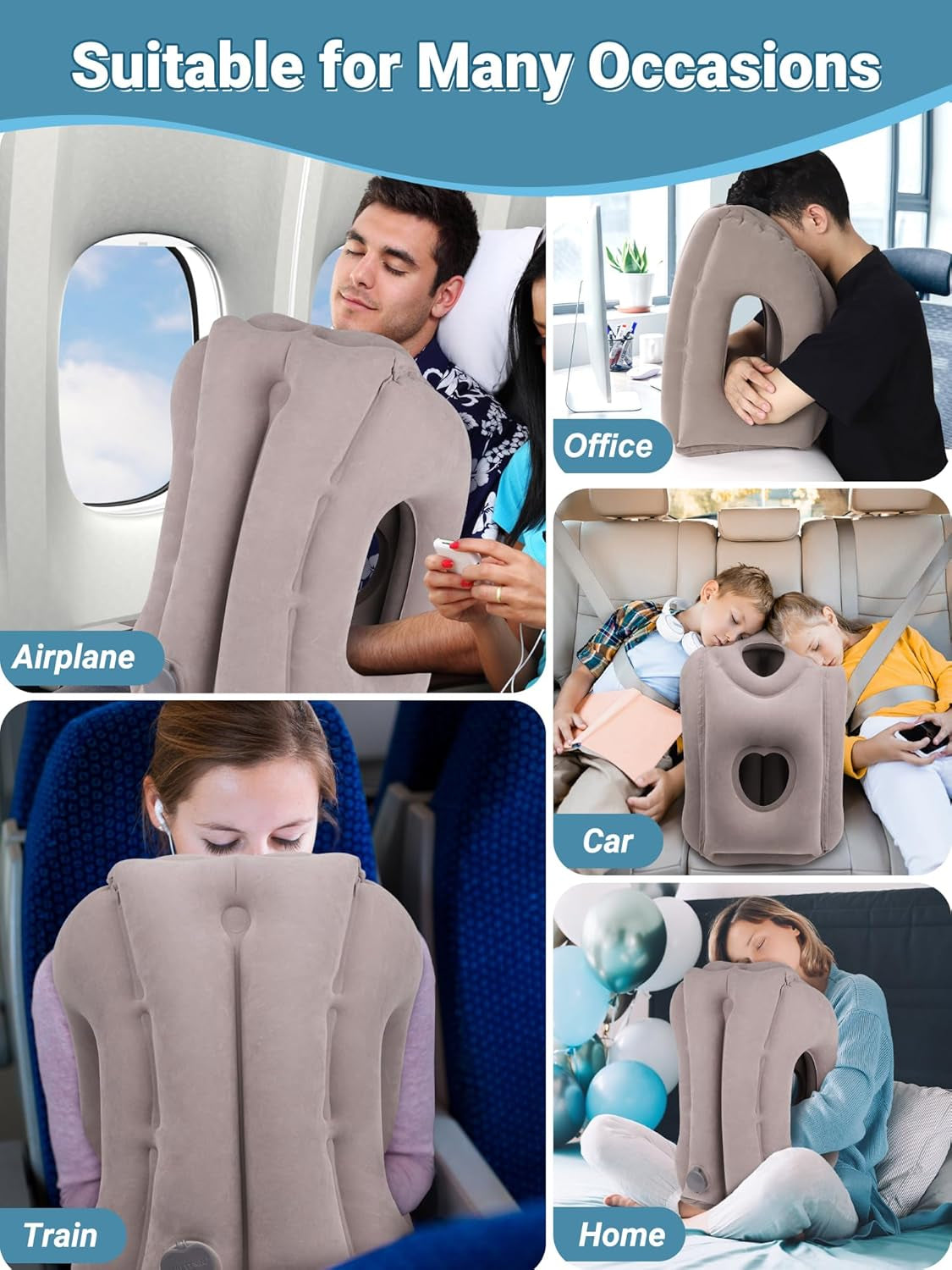 Inflatable Travel Pillow for Airplane Comfortable Sleeping to Relieve Neck and Shoulder Pain, Support Head Inflatable Pillow for Long Flights, Used for Airplanes, Cars, Trains, Office (Grey)
