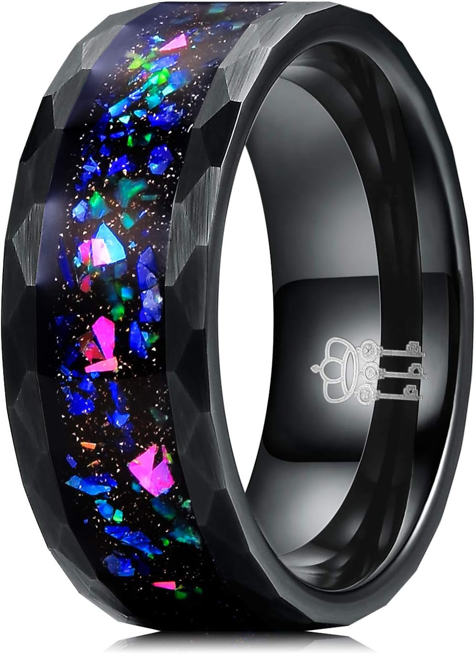 4Mm 8Mm Black Tungsten Carbide Wedding Band for Men Women, Vibrant Opal & Colorful Sandstone Inlay Domed/Hammered Anniversary Ring Comfort Fit