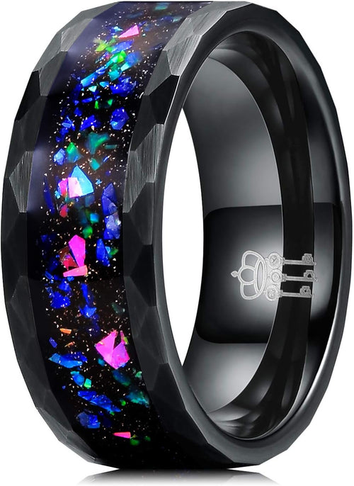 4Mm 8Mm Black Tungsten Carbide Wedding Band for Men Women, Vibrant Opal & Colorful Sandstone Inlay Domed/Hammered Anniversary Ring Comfort Fit