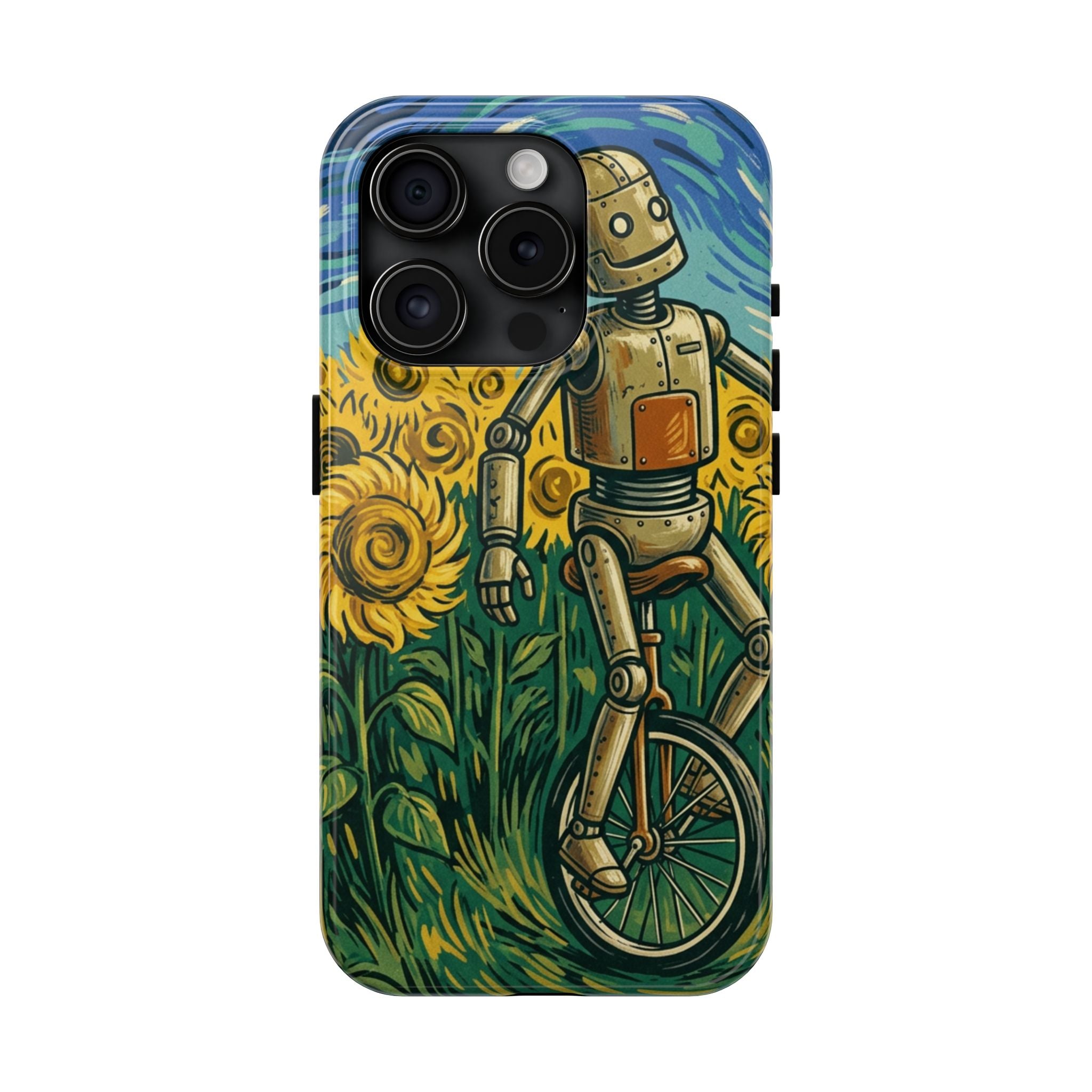 Robot on Unicycle Tough Phone Case — Sunflower Field Vintage Art Protective Cover