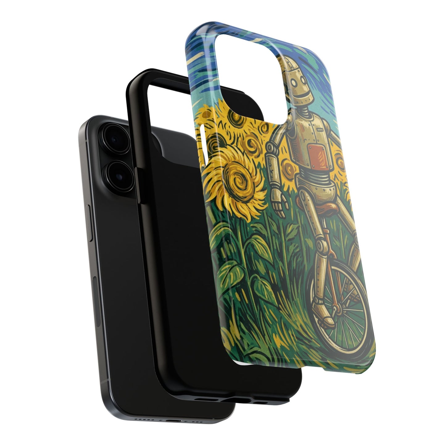 Robot on Unicycle Tough Phone Case — Sunflower Field Vintage Art Protective Cover