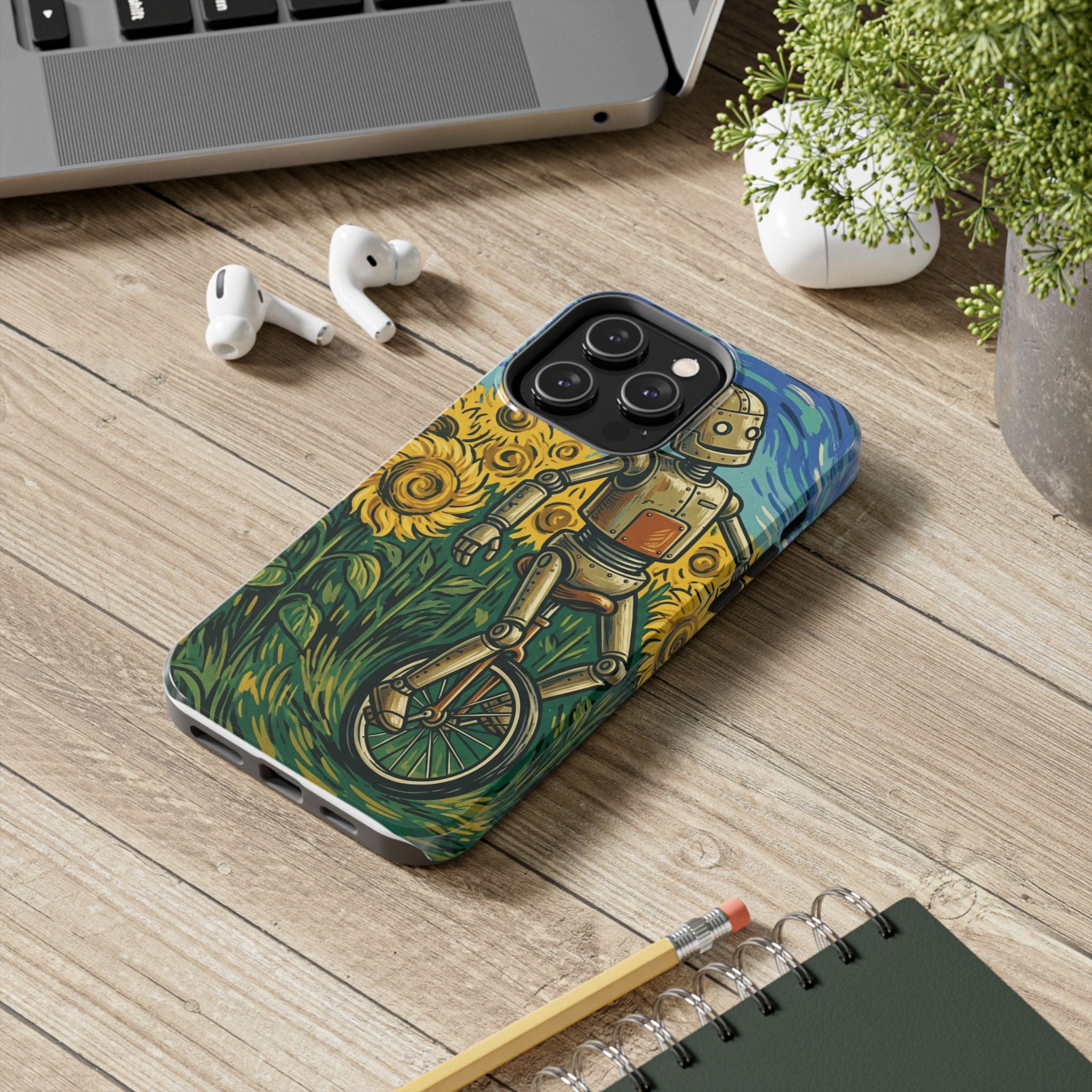 Robot on Unicycle Tough Phone Case — Sunflower Field Vintage Art Protective Cover
