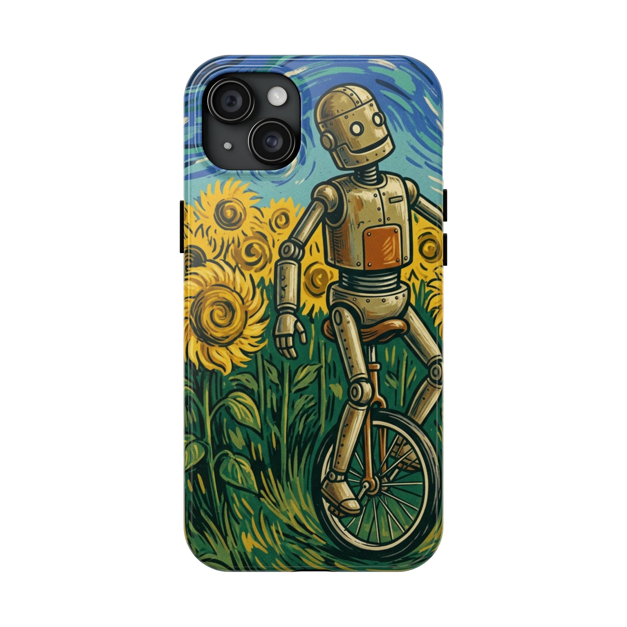 Robot on Unicycle Tough Phone Case — Sunflower Field Vintage Art Protective Cover