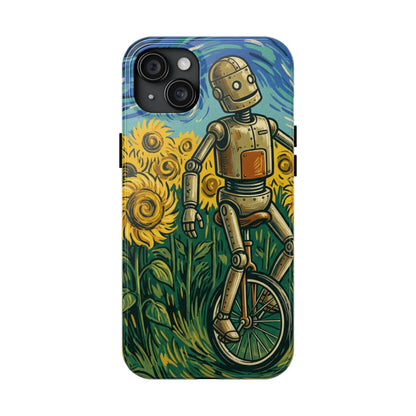 Robot on Unicycle Tough Phone Case — Sunflower Field Vintage Art Protective Cover