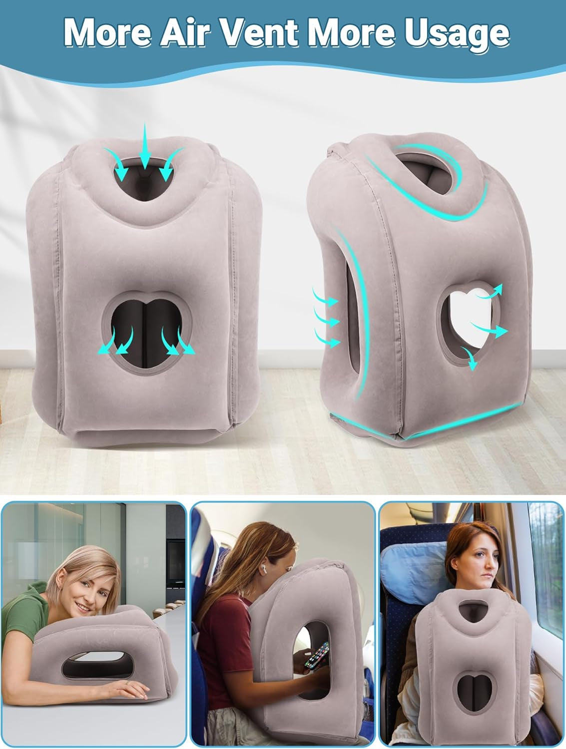 Inflatable Travel Pillow for Airplane Comfortable Sleeping to Relieve Neck and Shoulder Pain, Support Head Inflatable Pillow for Long Flights, Used for Airplanes, Cars, Trains, Office (Grey)