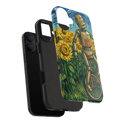 Robot on Unicycle Tough Phone Case — Sunflower Field Vintage Art Protective Cover