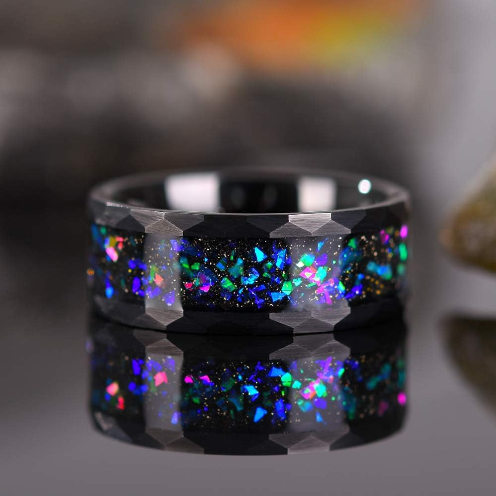 4Mm 8Mm Black Tungsten Carbide Wedding Band for Men Women, Vibrant Opal & Colorful Sandstone Inlay Domed/Hammered Anniversary Ring Comfort Fit