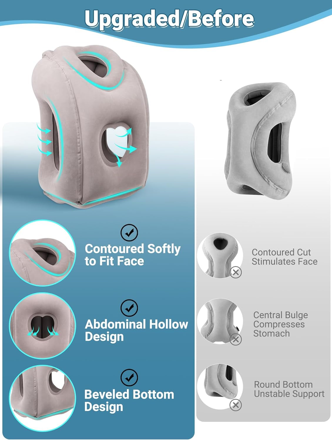 Inflatable Travel Pillow for Airplane Comfortable Sleeping to Relieve Neck and Shoulder Pain, Support Head Inflatable Pillow for Long Flights, Used for Airplanes, Cars, Trains, Office (Grey)