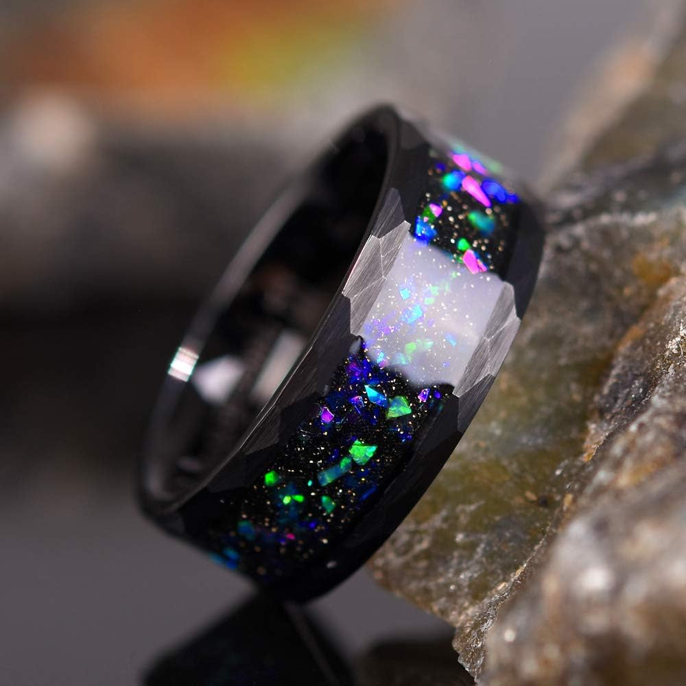 4Mm 8Mm Black Tungsten Carbide Wedding Band for Men Women, Vibrant Opal & Colorful Sandstone Inlay Domed/Hammered Anniversary Ring Comfort Fit
