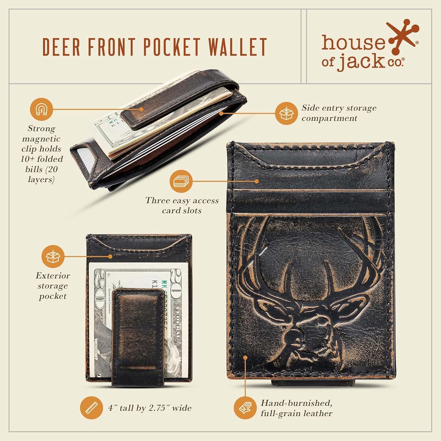 Deer Slim Money Clip Wallet for Men, Front Pocket Wallet with Strong Magnet, Full Grain Cowhide Card Holder Wallet, Black