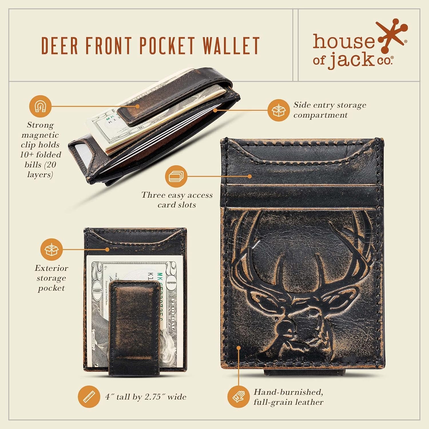 Deer Slim Money Clip Wallet for Men, Front Pocket Wallet with Strong Magnet, Full Grain Cowhide Card Holder Wallet, Black