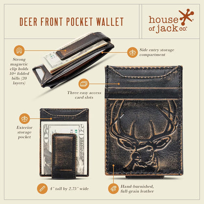 Deer Slim Money Clip Wallet for Men, Front Pocket Wallet with Strong Magnet, Full Grain Cowhide Card Holder Wallet, Black