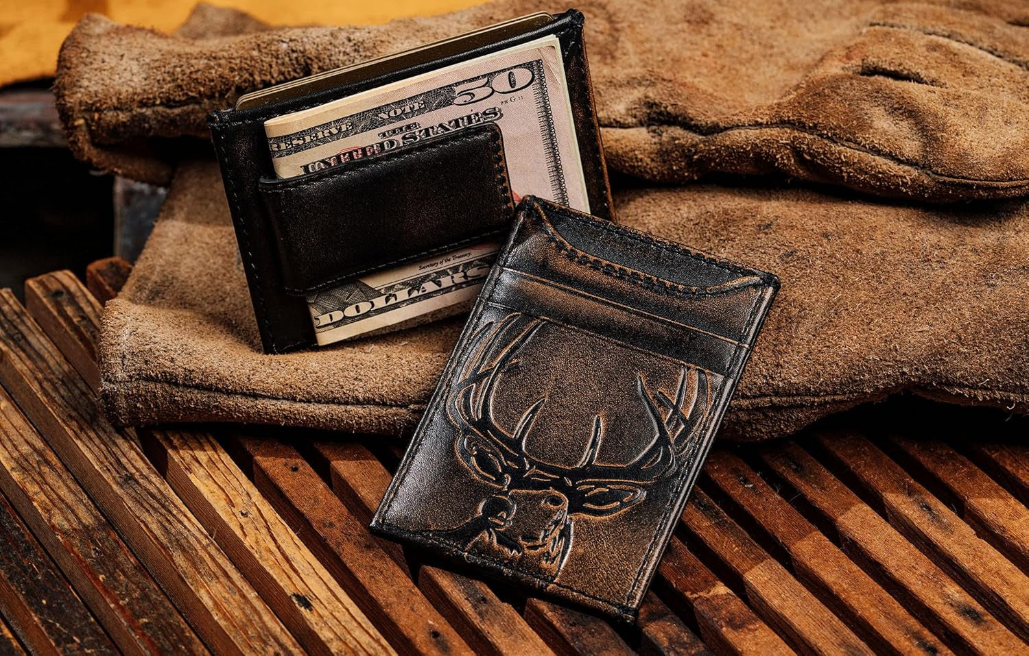 Deer Slim Money Clip Wallet for Men, Front Pocket Wallet with Strong Magnet, Full Grain Cowhide Card Holder Wallet, Black