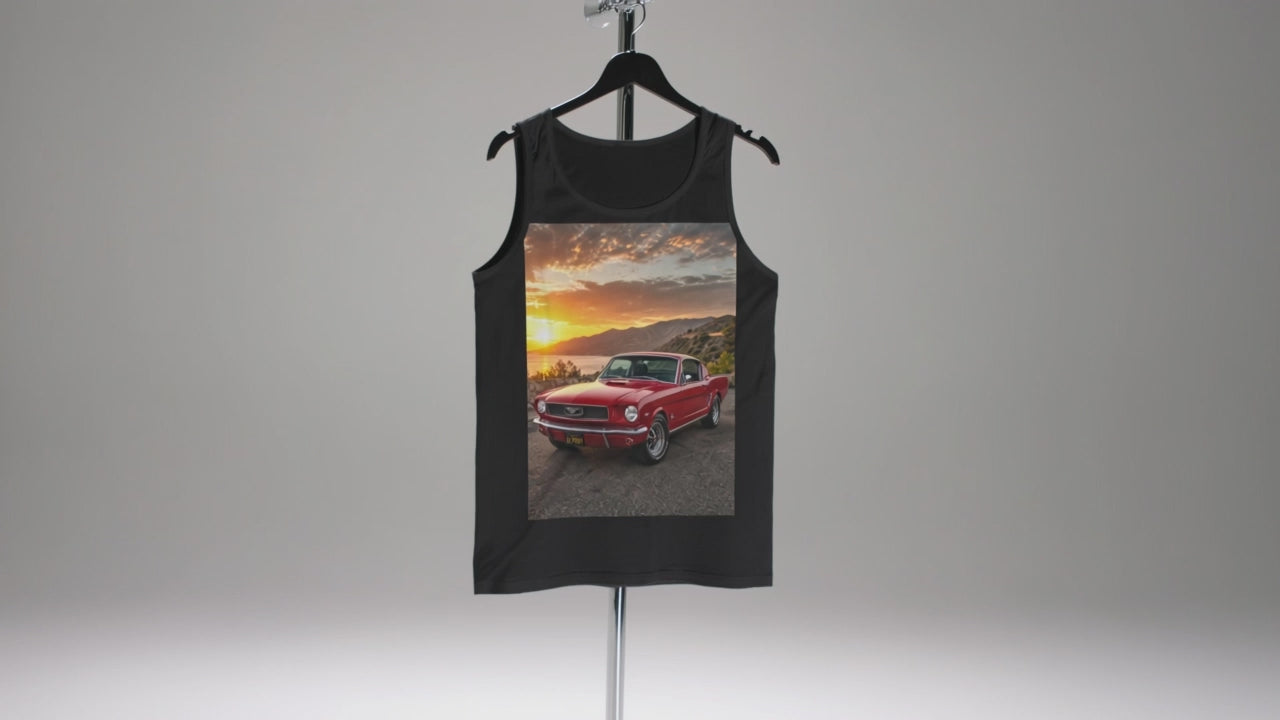 Video for Classic Red Mustang Tank Top — Vintage Car Sunset Graphic